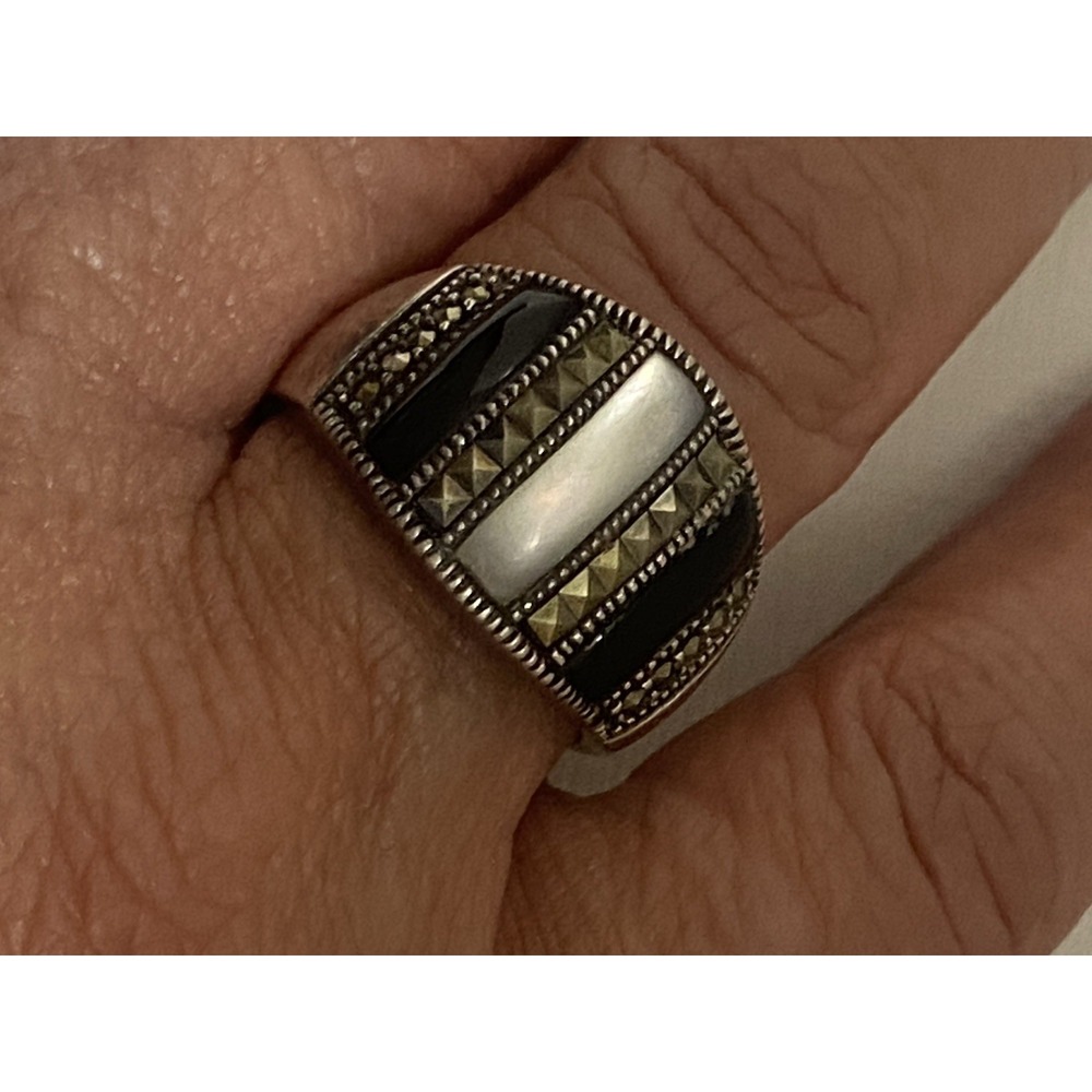 Sterling Silver Art Deco Style Statement Ring MOP Onyx & Marcasite -9.75 Size